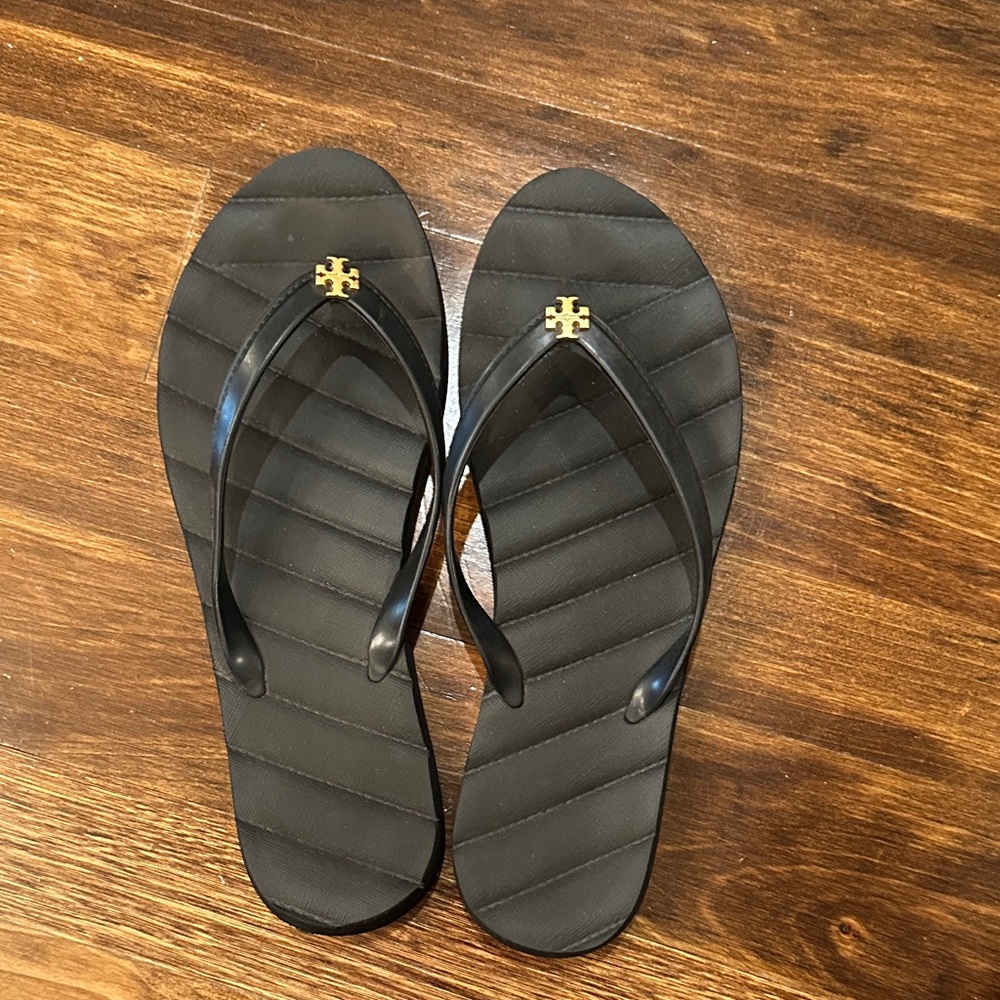 Tory Burch Black Sandals with Gold Logo